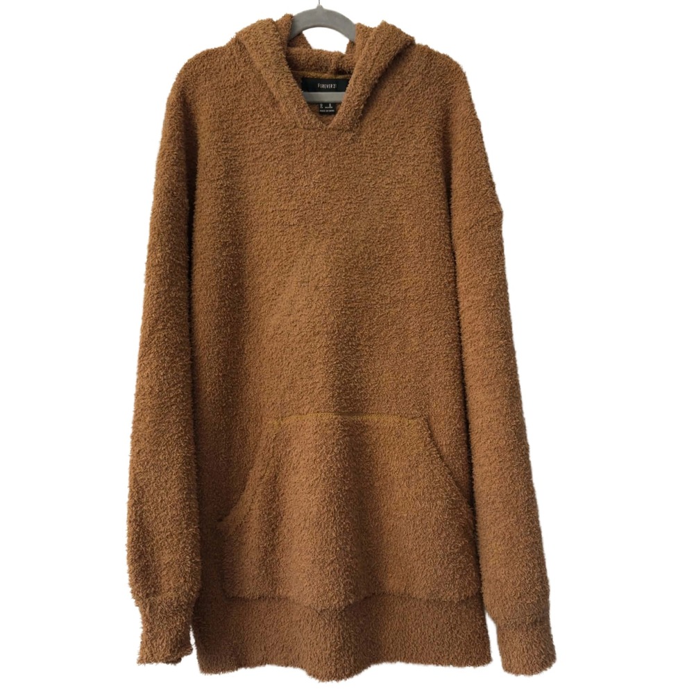 Forever 21 Teddy Hoodie Medium Camel Brown Fuzzy Pullover Grandpacore Cozy Fall